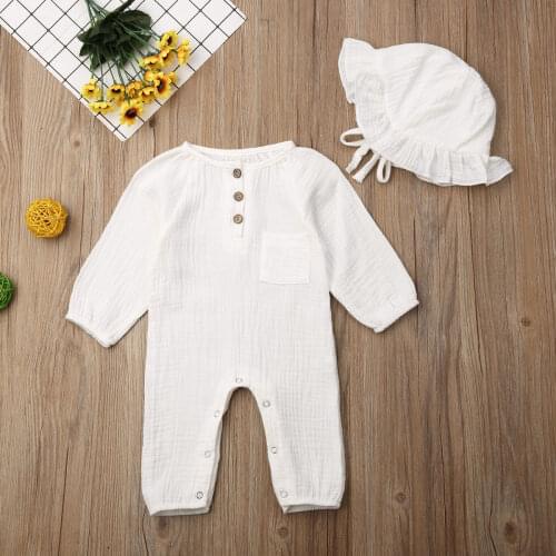 Pudcoco Autumn Newborn Baby Girl Clothes Solid Color Cotton And Linen Long Sleeve Romper Jumpsuit Hat 2Pcs Outfits Clothes