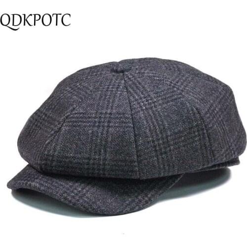QDKPOTC Fashion Plaid Wool Newsboy Cap Men Wool Ivy Hat Golf Driving Flat Cabbie Flat Unisex Berets Hat