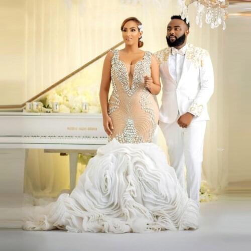 2021 Luxury Aso Ebi Beaded Crystals Tulle Wedding Dresses Sexy Backless Mermaid Bridal Dress 3D Flowers Ruffles Wedding Gowns