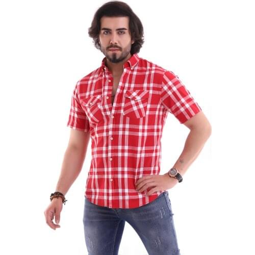 ALTEGRO % 100 COTTON SHORT SLEEVE DOUBLE POCKET COVER PLAID MEN 'S SHIRT (RED)
