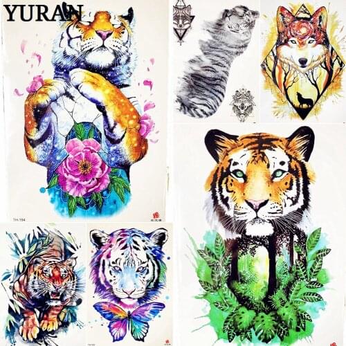 Sexy Tiger With Flower Temporary Tattoo Stickers Women Girl Body Art Arm Hanna Tattoos Men Watercolor Tatoo Adhsive Makeup Party
