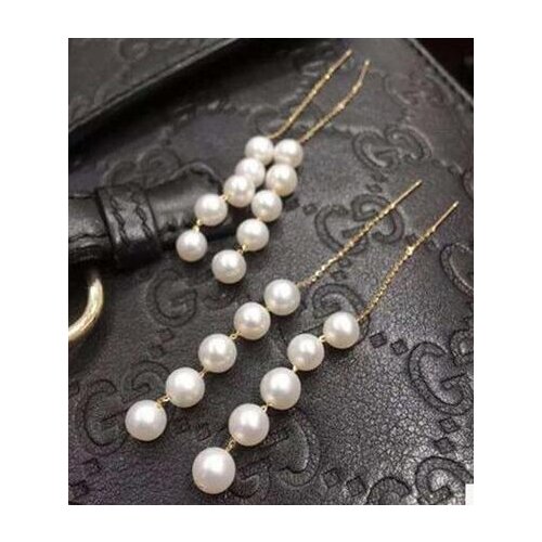 Free shipping luxury Noble jewelry Solid 18 and 5-6mm Pretty Natural Freshwater Pearl Fashion Earrings Line Drop Dangle