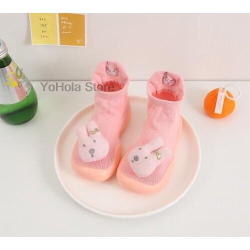 Cute Pink Rabbit Baby Girls Cartoon Non-slip Toddler Floor Socks Animal Pattern First Walker Shoes for Newborns for Spring