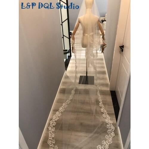 4m Long Wedding Veils White Tulle with Applique L&P DQL Studio Real Pictures Bridal Veils