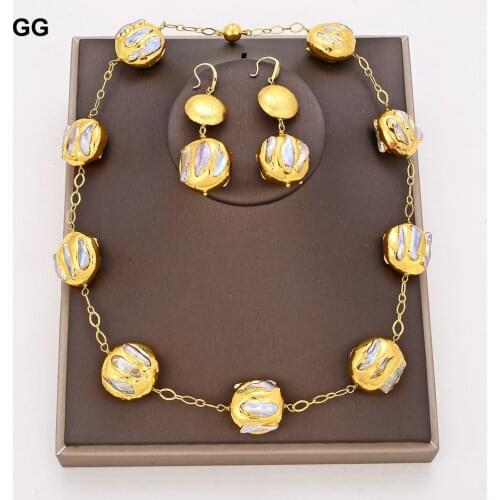 GuaiGuai Jewelry Natural Freshwater White Biwa Keshi Pearl Coin 24 KT Gold Color Plated Necklace Earrings Sets For Women
