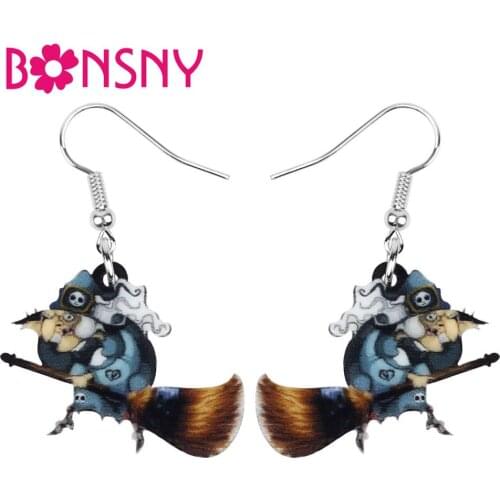 Bonsny Acrylic Halloween Anime Broom Skull Skeleton Witch Earrings Drop Dangle Jewelry For Women Girl Teen Party Decoration Gift