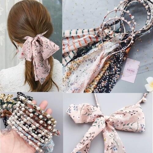 Ruoshui Woman Printed Satin Hairband Ribbon Bow Pearl Hairband Girls Hair Accessories Hairstyle Hair Hoop Headband Femme Tiara