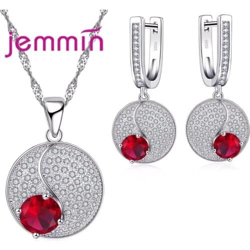 Simple Style Round 925 Sterling Silver Necklaces Earrings Jewelry Set With Fine Red Crystal For Women Lady Party