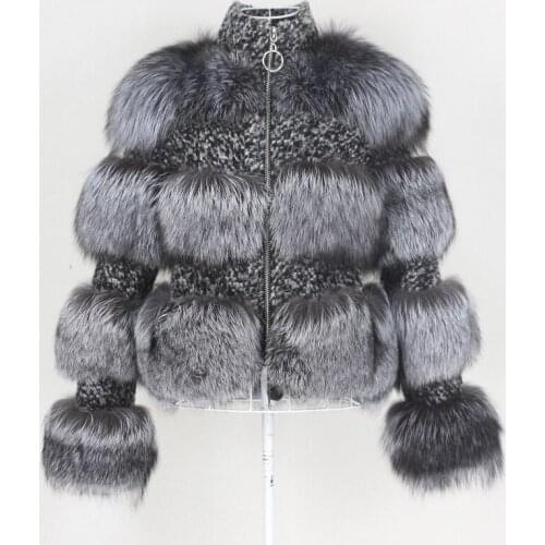 Vogue New Real Silver Fox Fur Coat Winter Jacket Women Natural Raccoon Fur Weave Wool Stand Collar Plaid Outerwear Streetwear