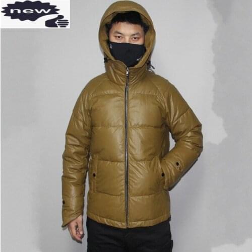 Winter Mens Warm Light White Duck Down Unisex Hoody Sheepskin Genuine Leather Jacket Slim Fit Overcoat Plus Size 5XL Coat