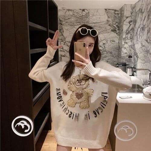 Winter Cartoon Bear Loose Sweater for Women White Knitting Diamond Encrusted Letters Pullovers