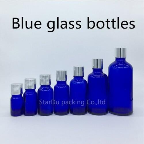 5ml 10ml 15ml 20ml 30ML 50ml 100ml blue Glass Bottle, Essential Oil blue Bottle with silvery screw cap Perfume bottle 500pcs