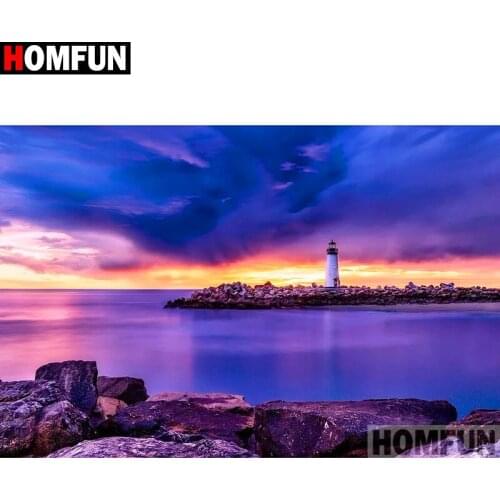 HOMFUN Full Square/Round Drill 5D DIY Diamond Painting "Sunset lighthouse" 3D Diamond Embroidery Cross Stitch Home Decor A19694
