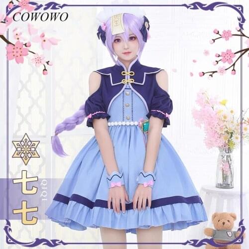 Anime! Genshin Impact Qiqi Coffee House Maid Dress Lovely Uniform Cosplay Costume Halloween Party Role Play Outfit 2021 NEW