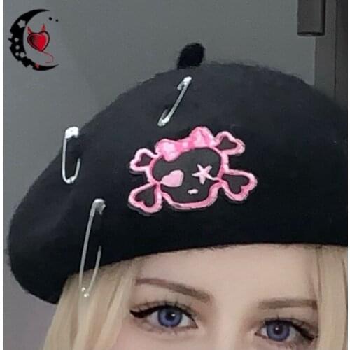Harajuku Girl Gothic Skull Black Beret Hats Women Casual Grunge Punk Hip Hop Rock Streetwear Fashion Woolen Caps