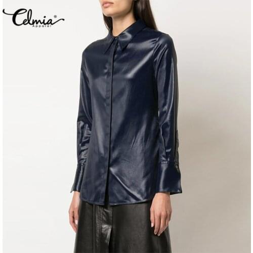 Celmia 2021 Womens Basic PU Leather Shirts Turn-down Collar Fashion Long Sleeve Buttons Tops Casual Tops Solid Blusas Mujer