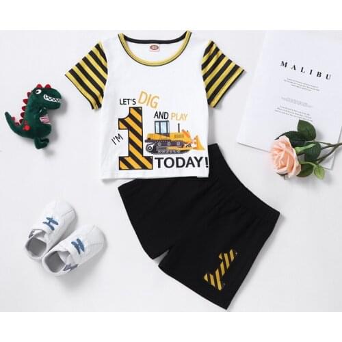 Hot Selling 2021 Summer Baby Clothes Baby Boy Clothes 2 Pcs Sets Excavator Patchwork Short Sleeve T-shirts+short Pants 0-18M