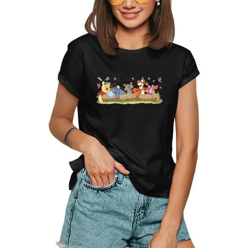 Winnie the Pooh Tigger Piglet Eeyore Graphic T Shirt Women Girl Base O-neck Kawaii Black Tees Lady Disney Tshirt,Drop Ship