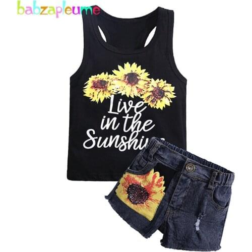 Baby Summer Clothes Children Costume For Kids Two Piece Sets Fashion Flowers T-shirt+Denim Shorts Toddler Girls Clothing BC1685
