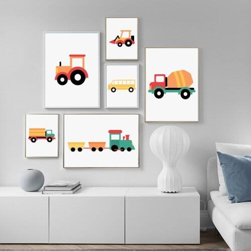 Lovely School Bus Truck Bulldozer Car Cartoons Posters And Print Wall Art Canvas Painting Picture Baby Kids Bedroom Home Decor