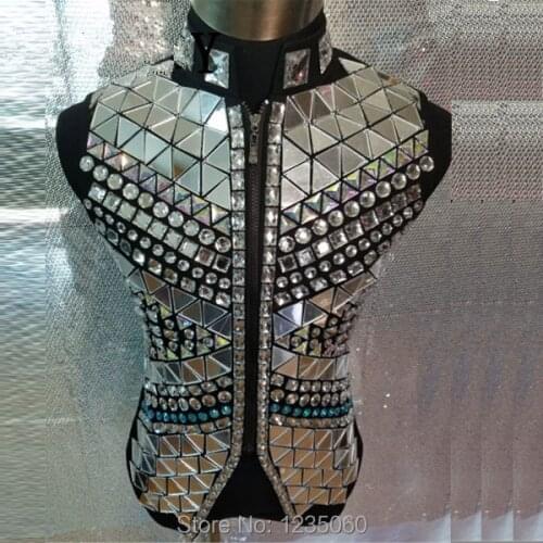 Fashion Silver Mirror Vest Jacket Male Singer outfit Costume Rhinestones Punk Style Ds Dj Outerwear Nightclub Clothing