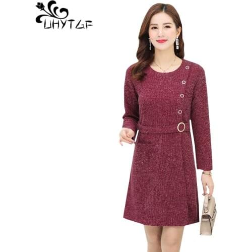 UHYTGF Fashion knitted dress long sleeve pullover casual Spring autumn dress womens O neck pocket elegant dresses plus size 890