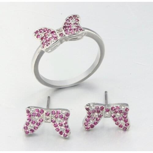 Fashion Rings Stud Earrings Color Pink White Crystal Bow Shape Mini Cute Jewellry Set Princess Birthday Gift