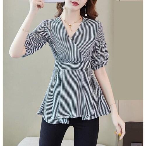 Fashion Women Summer Shirts Casual Stripe Short Sleeve Blouses V-Neck Short Sleeve Tops Blusas Zipper Decoration MM0486