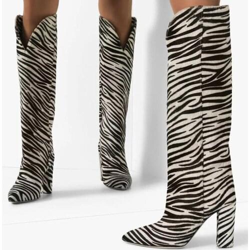 Fashion Ladies Zebra Stripe Horse hair Knee High Boots Pointed toe Chunky Heels Long Boots Women Gladiator Slip on Knight Boots