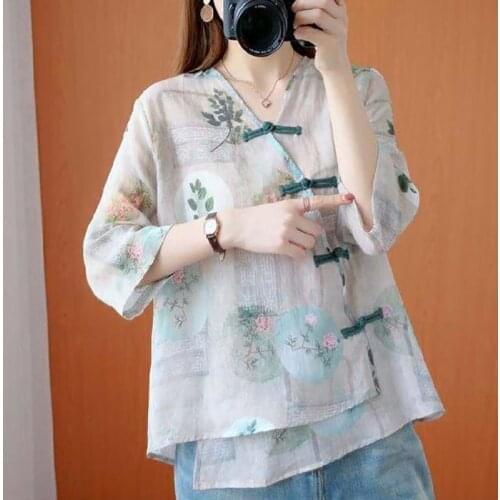 New Summer Traditional Chinese Top Chinese Flower Print Hanfu Clothes Oriental Clothing Traditional Chinese Blouse For Women