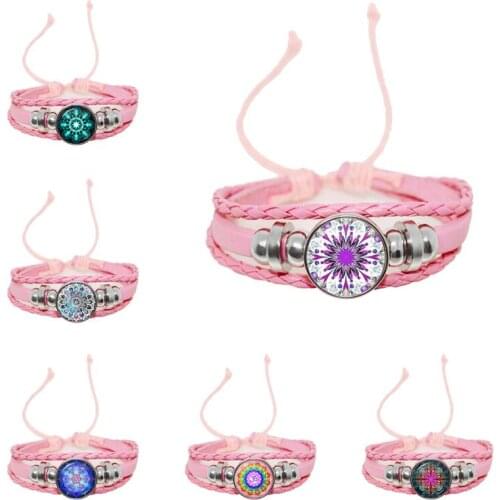 Charm Henna Yoga Jewelry Om Symbol Buddhism Zen Colorful Mandala Flower Adjutable Pink Leather Button Bracelet for Women Gift