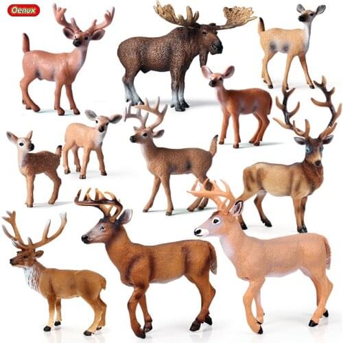 Oenux Wild Animals Europe Elk Moose Wapiti Figures White Tailed Deer Model Action Figures PVC Decoration Kids Toy For Xmas Gift