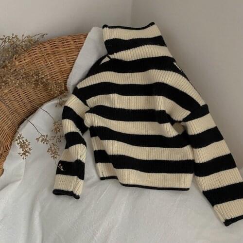 2021 Autumn Winter Warm 2 3 4 5 6 Years 80-130cm High Neck Knitted Turtleneck Striped Sweater for Baby Kids Boys and Girls