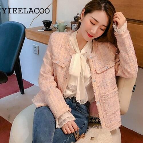 Pink Tweed Coat Womens Spring/Autumn Coat temperament ladies 2020 New Style Elegant All-match Long Sleeve Short Coat One-Piece