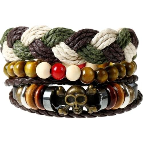 Hemp Rope Braided Woven Bracelet Skull Beaded Bangles Homme Femme 3pcs/set Multi Layer Fenuine Leather Bracelets Wrap Wristband