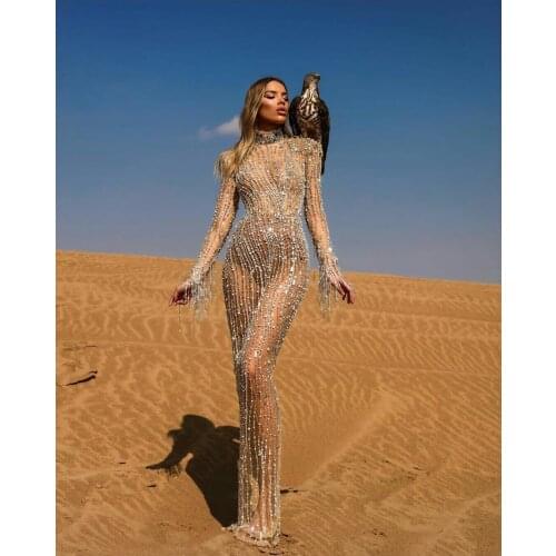 Luxury See Through Celebrity Dresses with Tassels Long Sleeve Crystal Beaded Runway Fashion Prom Gowns платья знаменитостей