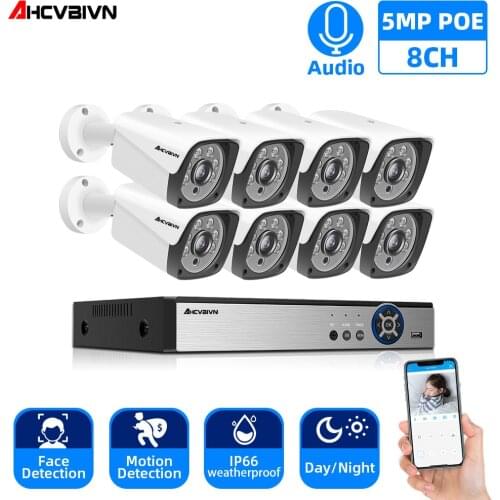 H.265+ 8CH 5MP POE Audio Security System NVR Kit POE IP Camera IR Outdoor IP66 Face Detection CCTV Video Surveillance NVR Set