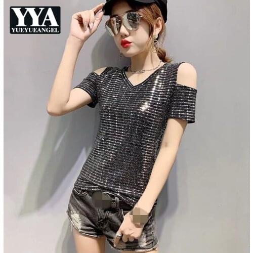 Summer European Hot Sexy Off The Shoulder Sequins Womens T-Shirts Short Sleeve V-Neck Slim Plus Size Female Clothes Club Wear