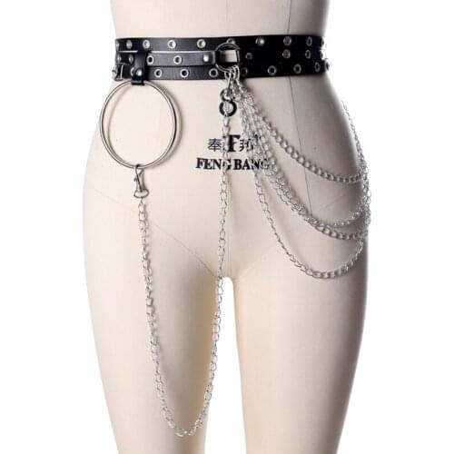 Sexy Pub Female Leather Skirt Hollow Belt Punk Gothic Rock Harness Waist Metal Chain Body Bondage Accessories Fashion Jewelry