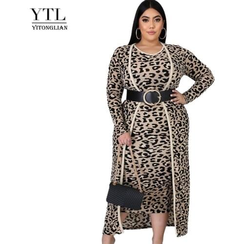 Yitonglian Womens Leopard 2 Pieces Printed Cardigan Sets Plus Size Sexy Party Set Club Slim Set