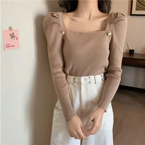 Elegant Square Collar Fall Knitted Tops Women New Button Decoration Outerwear Sweater 2021 Chic Puff Sleeve Autumn Jumpers