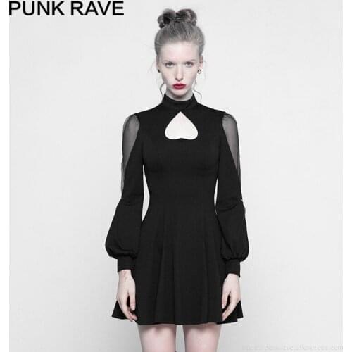 PUNK RAVE Womens Gothic Daily Peach Heart Design Sexy Long Sleeve Dresses A-Line Party Club Girl Dress