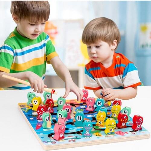 1 Set Alphabet Preschool Board Magnetic Wooden Fishing Game Toy for Toddlers