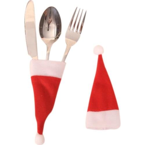 10 Pcs/Set Mini Christmas Hat Cutlery Bag Candy Gift Bags Cute Pocket Fork Cutter Holder Table Dinner Decoration