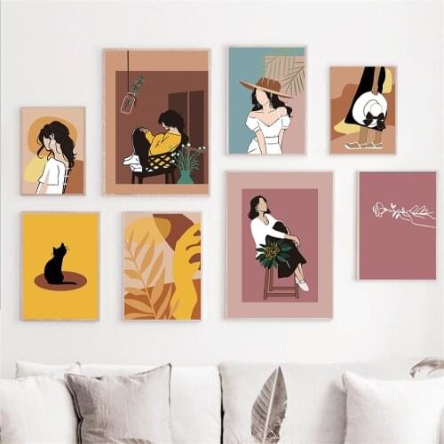 Abstract Girls Figure Wall Art Posters And Prints Black Cat Poster Leaf Flower Line Drawing Canvas Painting Vintage Home Decor