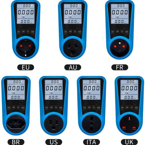EU Plug Socket Digital Current Meter Voltmeter AC Power Meter Time Watt Power Energy Tester Wattmeter US UK AU FR BR IT Plug