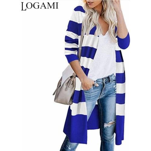 LOGAMI Contrasting Striped Long Cardigan Womens Sweater Long Sleeve Autumn Knitwear Woman Cardigans