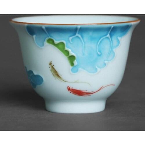 Fish pastel master cup Relief wide mouth tea cup hand-painted tea ceremony shadow blue glaze teacup Jingdezhen craft view