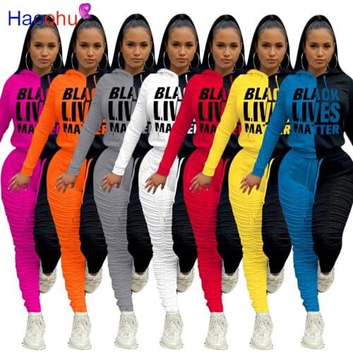 Womens set Sporty Suits Black Lives Matter Letter Long Sleeve Hooded top + Stacked Jogger Sweatpant tracksuit two piece set