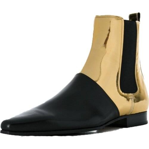 New Designer Mens Golden Colors Mixed Shoes Pointed Toe Club Party Bright Chelsea Boots Plus Size Genuine Leather Shoes